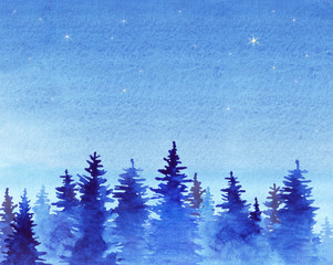 Forest in the fog. The hills. Starry sky. Turquoise, blue sky. Hand drawn, watercolor background. Horizontal. Starry night. Trees in haze. Tourism. Landscape. Winter.