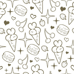 Doodle cute Doodle cute dessert vector illustration set, ice cream, macaroon, strawberry, cherry, heart, and star sparkling,  For gift wrap pattern and wallpaper.