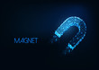 Futuristic glowing low polygonal horseshoe magnet symbol isolated on dark blue background.