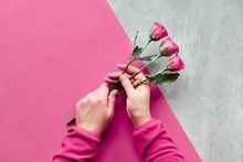 Flat Lay With Two Female Hands Holding Pink Roses On Diagonal Geometric Paper Background On Table. Top View Of Greeting Concept For Valentine's Day, Birthday, Mother's Day Or Other Small Occasion.