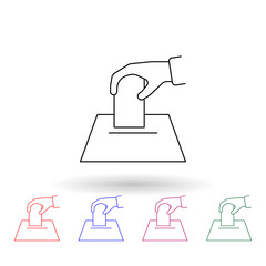 Poster - Hand throws an election sheet multi color icon. Simple thin line, outline vector of election icons for ui and ux, website or mobile application