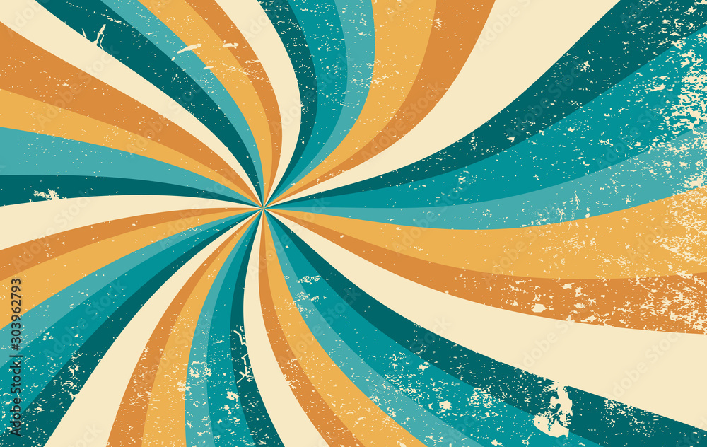 retro starburst sunburst background pattern and grunge textured vintage color palette of orange yellow and blue green in spiral or swirled radial striped vector design - obrazy, fototapety, plakaty 