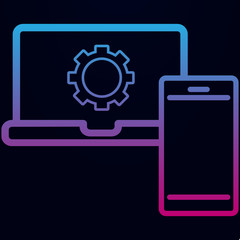 Poster - Electronic device of a mobile phone and laptop with gears inside nolan icon. Simple thin line, outline vector of finance icons for ui and ux, website or mobile application