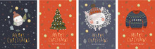 Merry Christmas And A Happy New Year! Vector Illustrations For The Winter Holidays: Cute Animals And A Bird In A Santa Claus Hat, A Knitted Sweater, Christmas Tree.Drawings For Card Or Postcard 