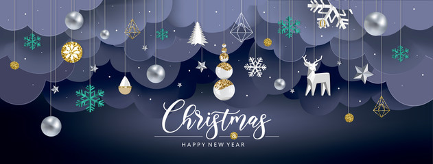 2020! Merry Christmas and a happy new year! Vector abstract background for banner, poster or greeting card. Illustrations of snowflake, Christmas tree toys, decoration, balls and deer.