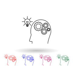 Poster - A human brain with gears connected to a light bulb multi color icon. Simple thin line, outline vector of idea icons for ui and ux, website or mobile application