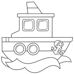 Wall Mural - Coloring Page Outline Of cartoon ship or steamer. Images of transport for children. Vector. Coloring book for kids