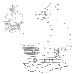 Wall Mural - Puzzle Game for kids: numbers game. Cartoon sail ship. Coloring book for children.