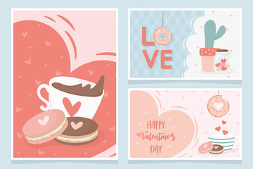 Wall Mural - happy valentines day chocolate cup with cookies love heart cactus gifts banners