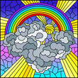 Illustration in stained glass style with celestial landscape, sun and clouds on rainbow background,square image