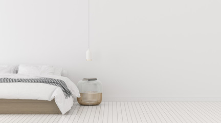 Poster - Perspective of modern bedroom with bed and white hanging lamp, Interior idea of minimal style. 3D rendering.