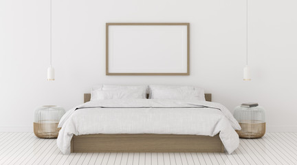 Poster - Perspective of modern bedroom with picture frame and white hanging lamp, Interior idea of minimal style. 3D rendering.