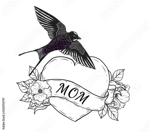 Swallows With Heart Vector Tattoo By Hand Drawing Beautiful Bird On Rose Background Black And White Graphics Design Art Highly Detailed In Line Art Style Swallows For Tattoo Or Wallpaper Buy This Stock Vector