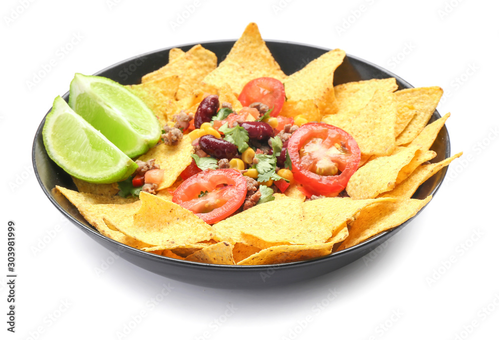 Plate with tasty chili con carne and nachos on white background