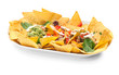 Plate with tasty chili con carne, guacamole and nachos on white background