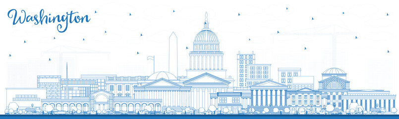 Wall Mural - Outline Washington DC USA City Skyline with Blue Buildings.