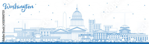 Fotomural Outline Washington DC USA City Skyline with Blue Buildings.