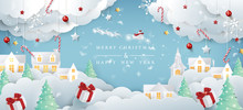 Merry Christmas Composition In Paper Cut Style.Santa Claus On The Sky Vector Illustration.
