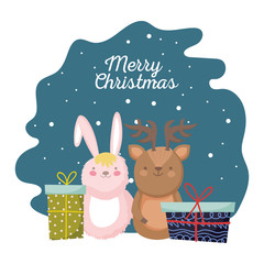 Poster - merry christmas celebration cute rabbit and reindeer with gift boxes snow