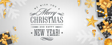 Merry Christmas And Happy New Year Light Background Template With Gold Glitter Decoration Elements And Calligraphy