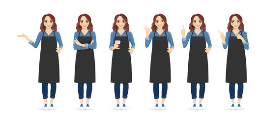 Wall Mural - Smiling woman in apron standing with different gestures isolated vector illustration