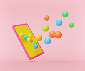 Poster - colorful flying spheres around a smartphone isolated on pastel background. modern minimal concept for presentation. 3d rendering