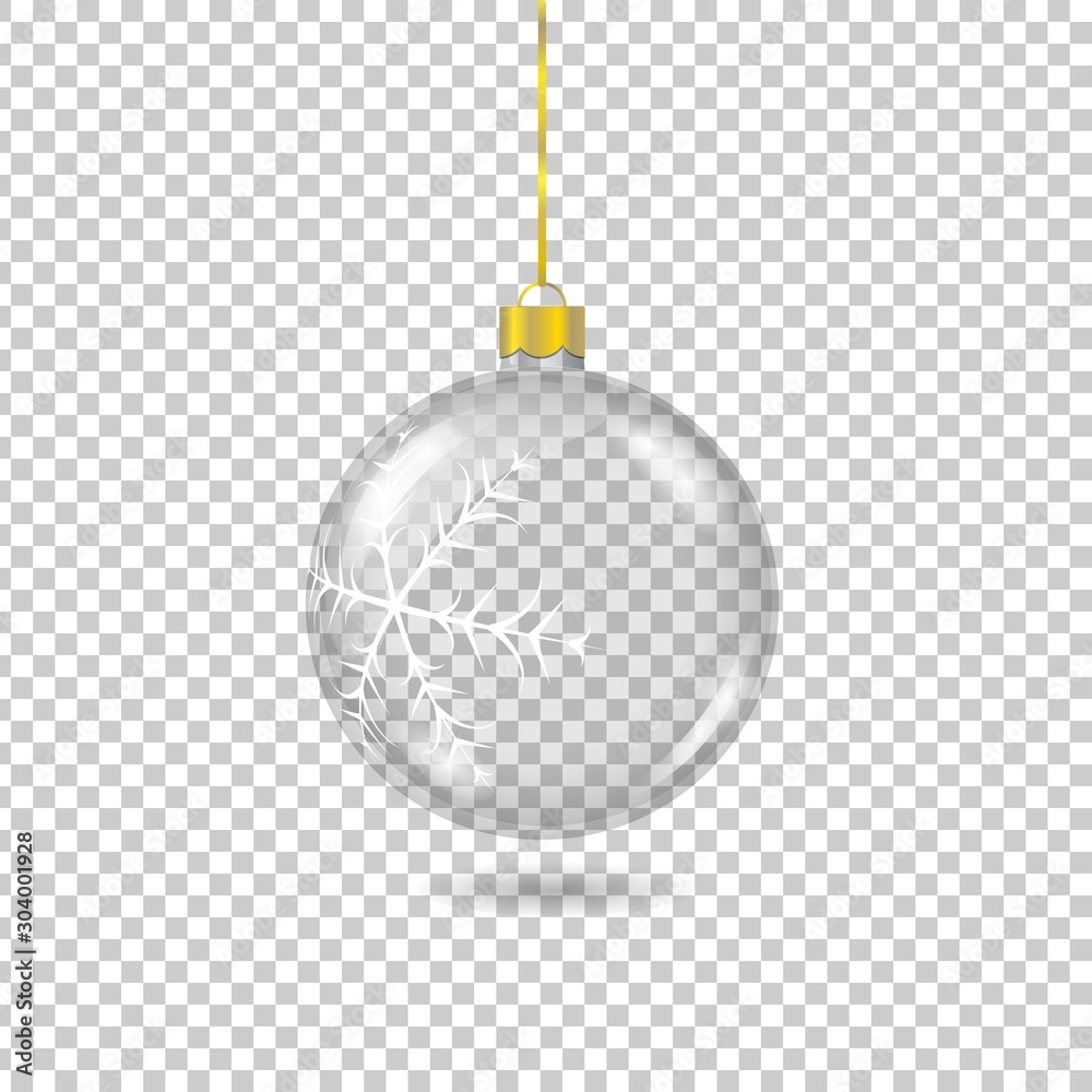 Vector transparent christmas tree ball with with gold eyelet isolated on checkered background. 3D illustration. - obrazy, fototapety, plakaty 