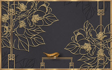 Golden Panel On A Dark Fabric Background, Frame, Contours Of Abstract Flowers And A Wavy Bird