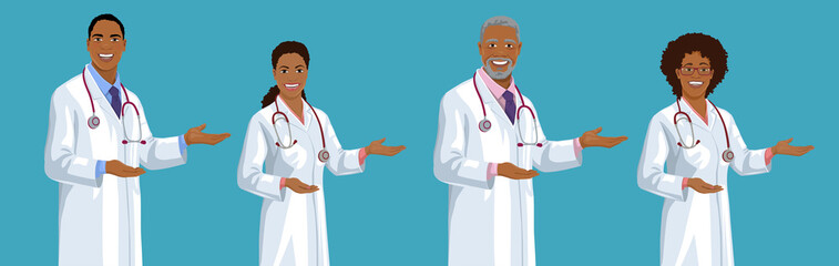 Wall Mural - Set of smiling young and middle-aged African American doctors. Handsome men and cute women wearing a lab coat stands and points sideways by hand palm. Isolated vector illustration