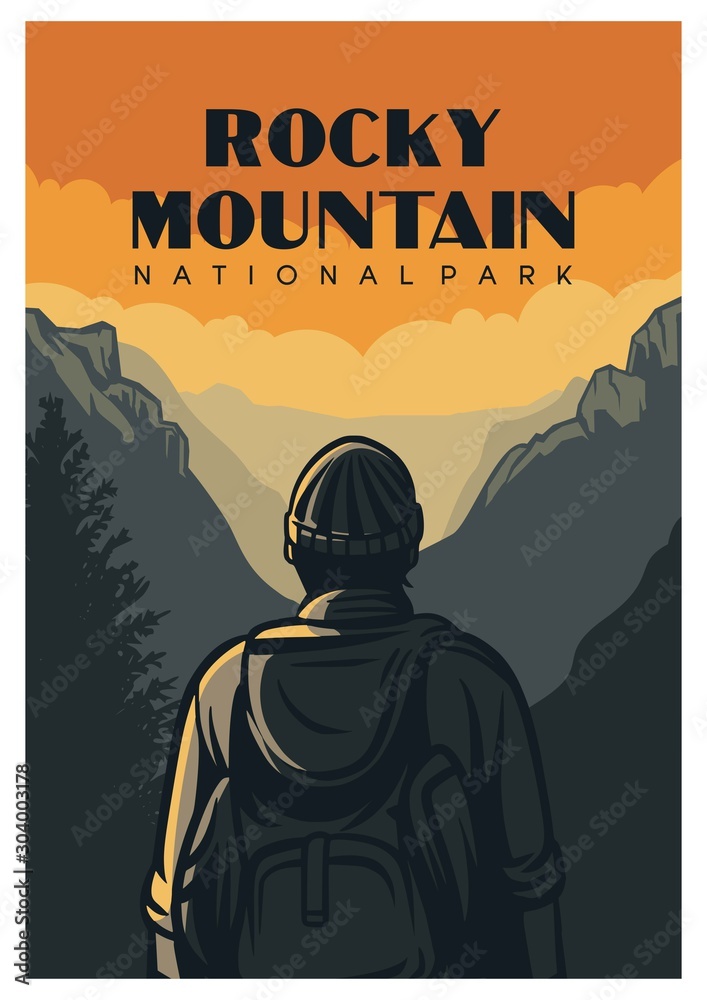 rocky mountain national park poster design in retro of vintage style - obrazy, fototapety, plakaty 