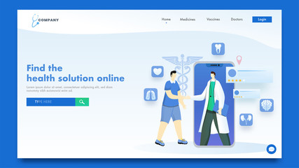 Canvas Print - Responsive landing page design with illustration of doctor handshaking from patient with medical app in smart phone for Online Health Solution concept.