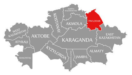 Naklejka na meble Pavlodar red highlighted in map of Kazakhstan
