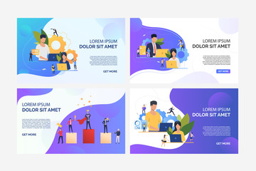 Wall Mural - Business people working on laptops set. Team working on project, winning prize, standing on podium. Flat vector illustrations. Business, teamwork concept for banner, website design or landing web page