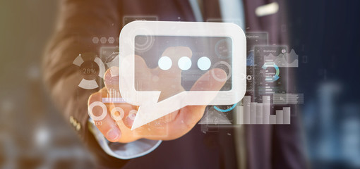 Poster - View of a Businessman holding a message icon with data in background - 3d rendering