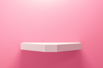 Poster - Front view of empty shelf on pink wall background with modern minimal concept. Display of backdrop shelves for showing. Realistic 3D render.