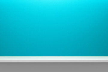 Poster - Front view of empty shelf on light blue table and wall background with modern minimal concept. Display of backdrop shelves for showing. Realistic 3D render.