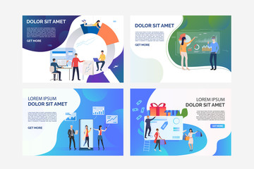 Poster - set of illustrations of business people using technologies. gadget, statistics, commerce. flat vecto