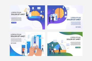 Poster - set of illustrations with people starting their business. network, phone, statistics. flat vector. b