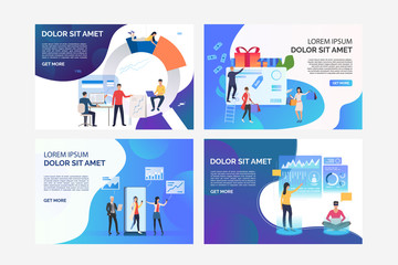 Poster - set of illustrations with people working with technologies. gadget, statistics, commerce. flat vecto