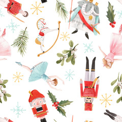 watercolor christmas nutcracker fairy tale ballet seamless pattern