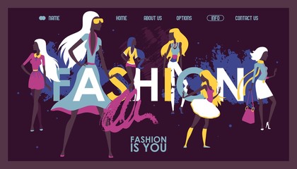 Fashion clothes boutique website, vector illustration. Online shopping, landing page design with typographic background. Silhouettes of beautiful fashion models