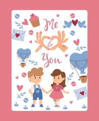 Romantic valentine card, vector illustration. Isolated icons of love, cute children holding hands, boy and girl cartoon characters. Romantic couple and symbols of love