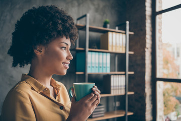 Wall Mural - Close up profile side photo of dreamy afro american girl company rest relax hold hot espresso cup dream look window in office loft