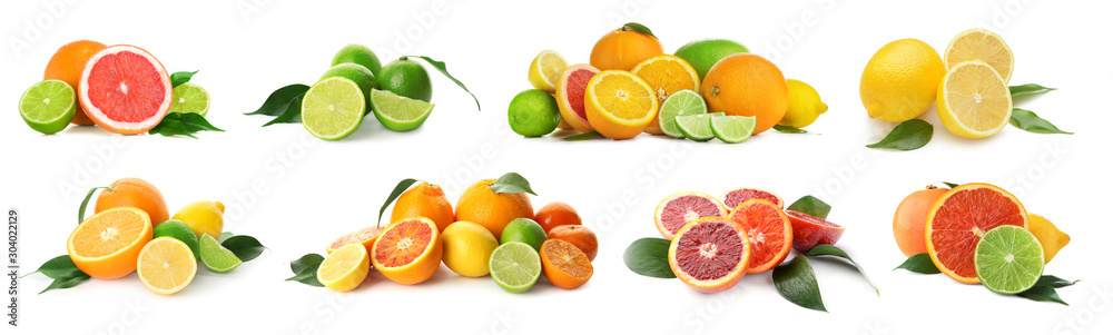 Different tasty citrus fruits on white background - obrazy, fototapety, plakaty 