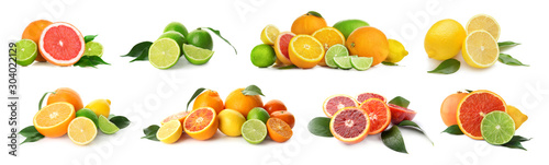 Fotografía Different tasty citrus fruits on white background