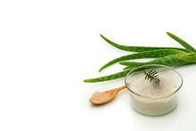Aloe Vera Plant, Aloe Gel In A Wooden Spoon And Sea Salt In A Dish. Isolated On White Background.