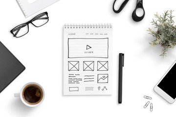 Poster - Sketch of a website on a paper writing pad, surrounded by smart phone, cup of coffee, glasess, plant. Office desk, top view, flat lay.