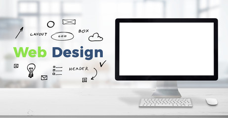 Poster - Computer display mockup on work desk. Web design text surrounded with drawn elements. Planning concept, web design studio presentation.