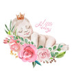 Cute watercolor newborn baby girl princess with crown and floral wreath, flowers bouquet
