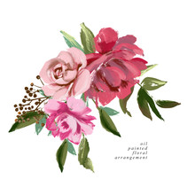 Beautiful Rose And Peony Flowers, Floral Bouquets, Compositions, Arrangement, Wreaths Watercolor Illustration Isolated On White